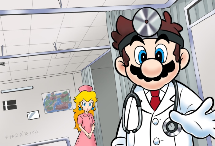 Dr. Mario and Nurse Peach in a hospital room
