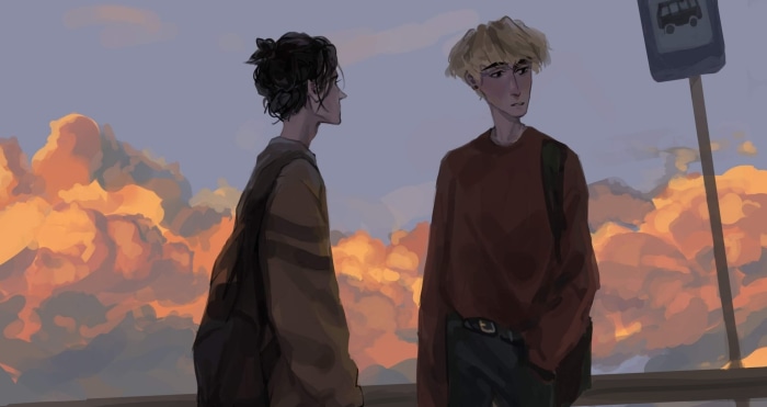 Two young men at a bus stop with clouds