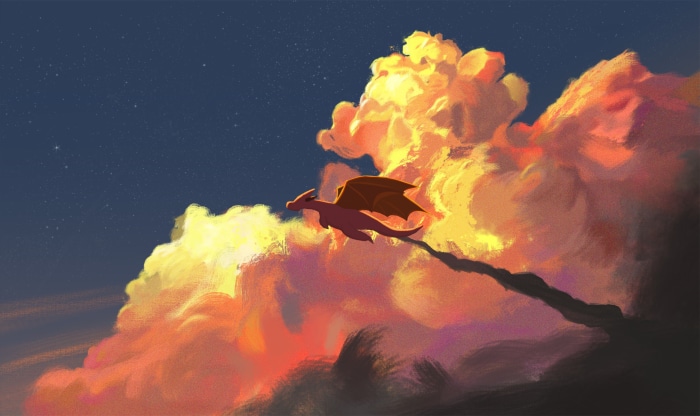 Charizard flying through clouds at dusk