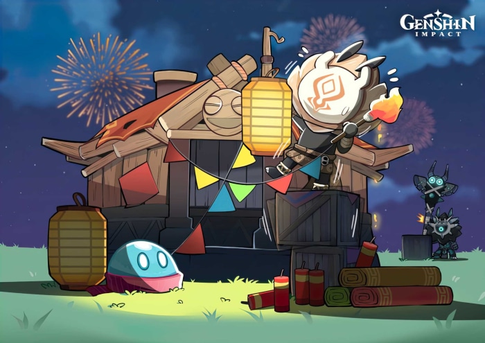 Genshin Impact characters celebrating with fireworks