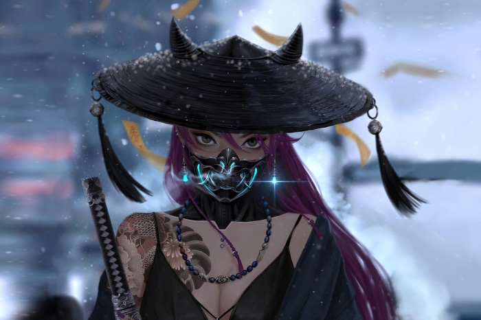 Girl in Samurai Hat and Mask with Katana