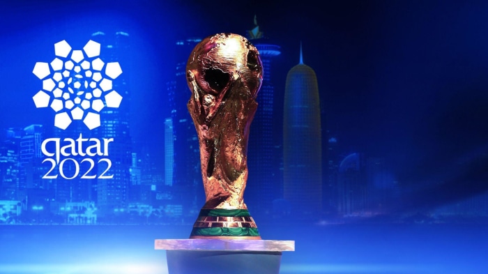 2022 FIFA World Cup trophy and Qatar logo