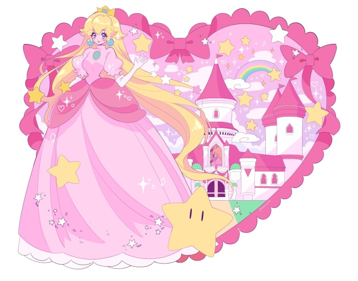 Princess Peach from Super Mario Bros. in front of a castle