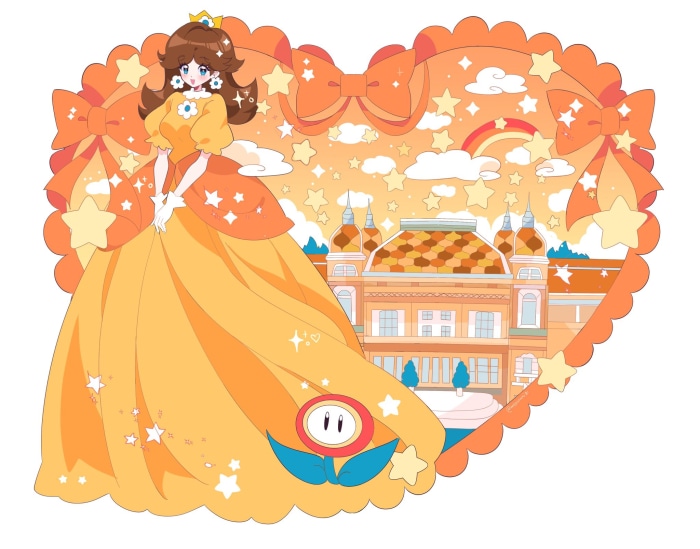 Princess Daisy from Super Mario Bros. in a heart-shaped frame
