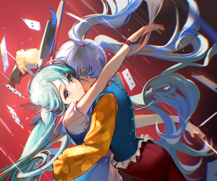 Hatsune Miku and Kagamine Rin in a dramatic embrace