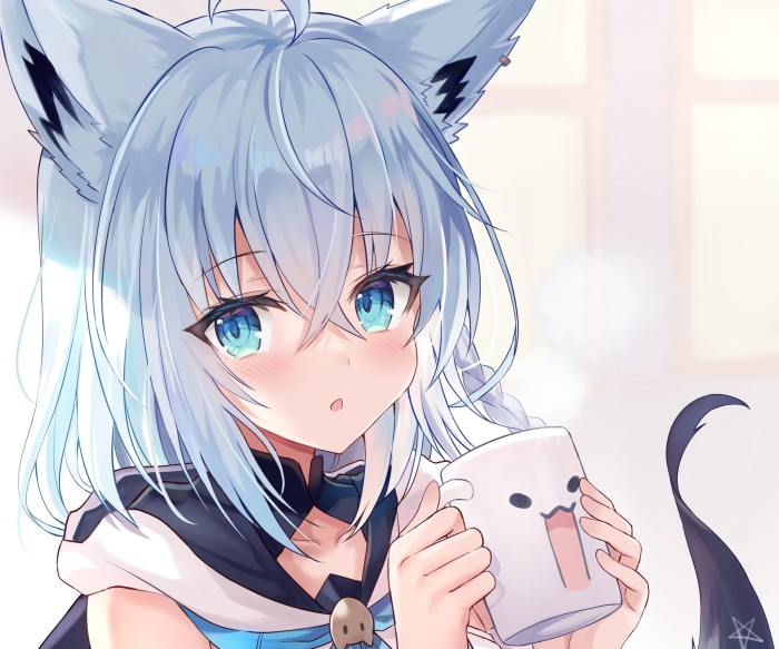 Shirakami Fubuki from Hololive holding a mug