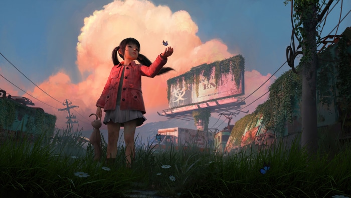 Child in a post-apocalyptic world with a butterfly