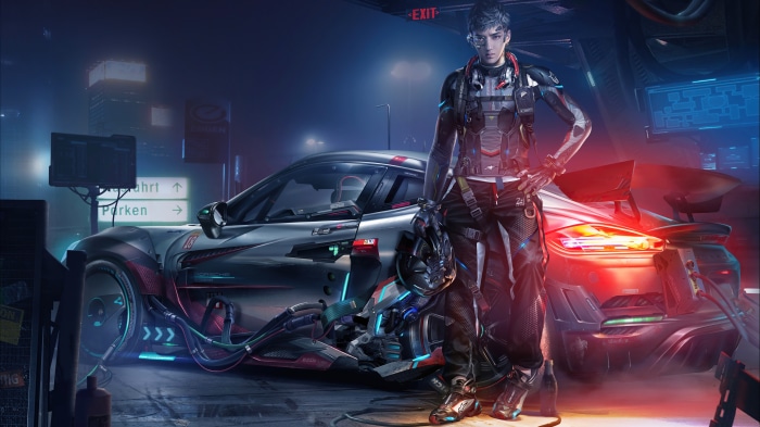 Cyberpunk man with futuristic car