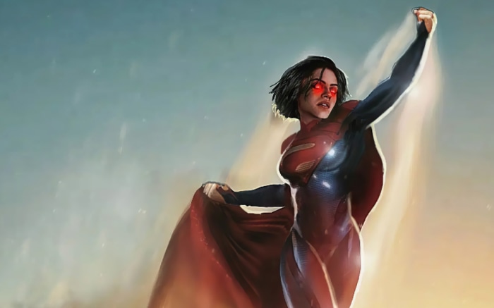 Supergirl with glowing red eyes and cape