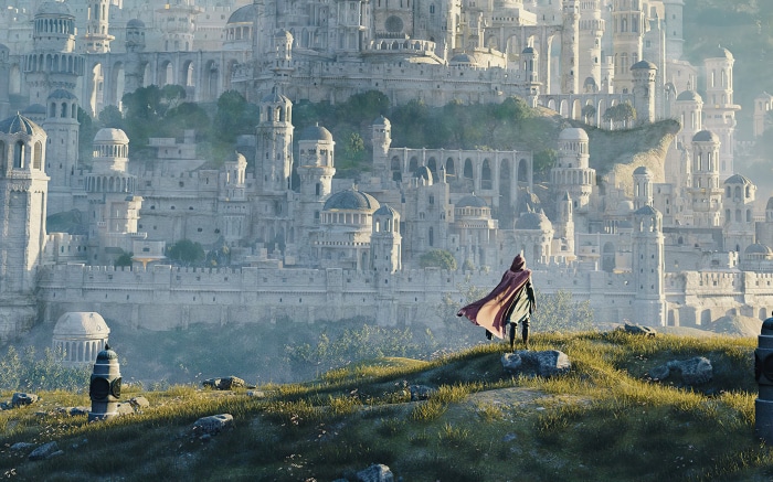 Fantasy city with a hooded figure