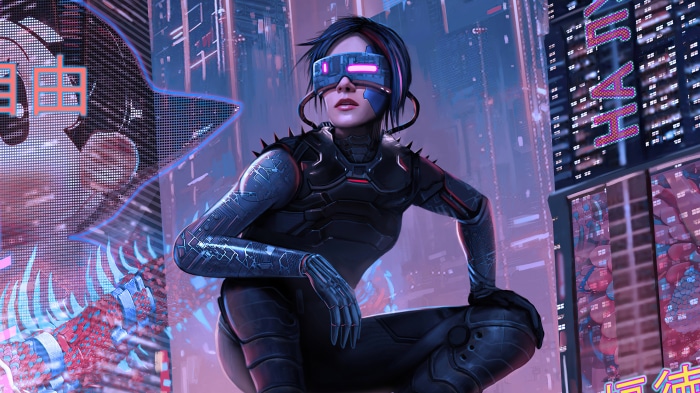 Cyberpunk woman with VR goggles in neon city 4K