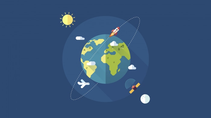 Artistic Earth with Sun, Moon, Rocket, Plane, and Satellite