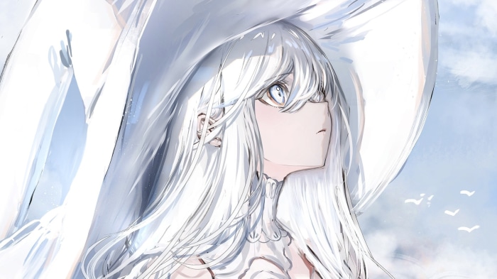 Anime girl with white hair and blue eyes