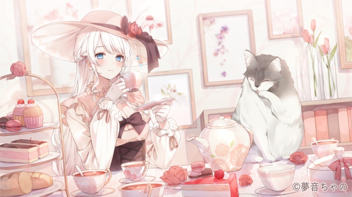 Girl with cat and tea party treats