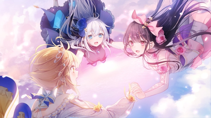 Three anime girls falling through the sky