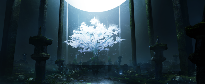 Enchanted white tree in a mystical forest
