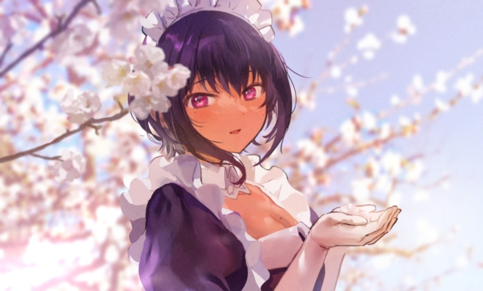 Girl in Maid Outfit with Cherry Blossoms