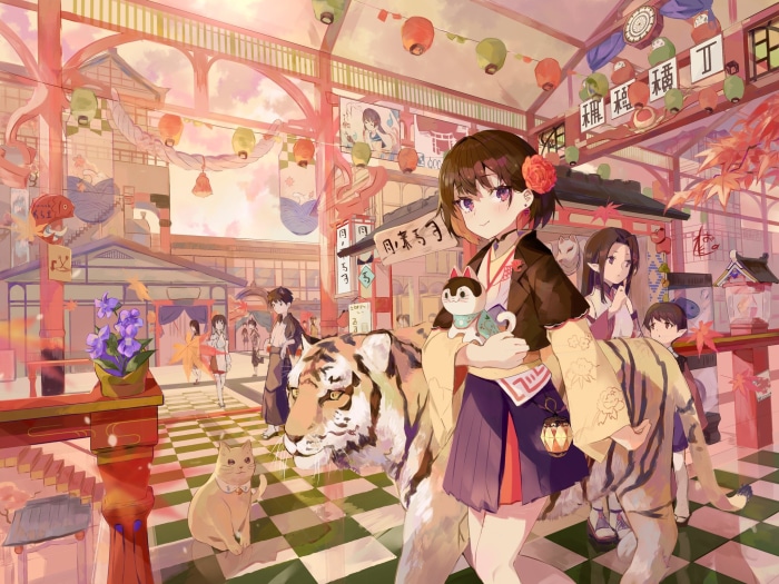 Girl with Tiger and Cat in Japanese Street