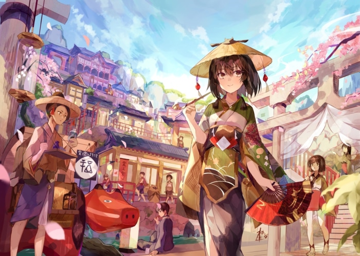Anime girls in traditional Japanese attire in a village