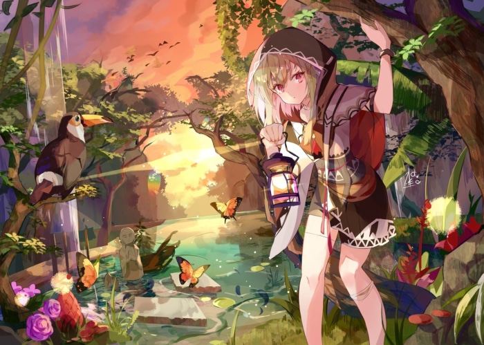 Anime girl with lantern in a magical forest at sunset
