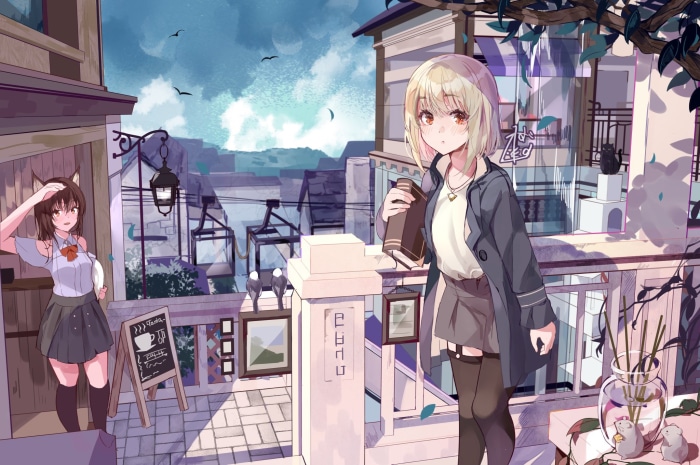 Two anime girls on a balcony with a cityscape background