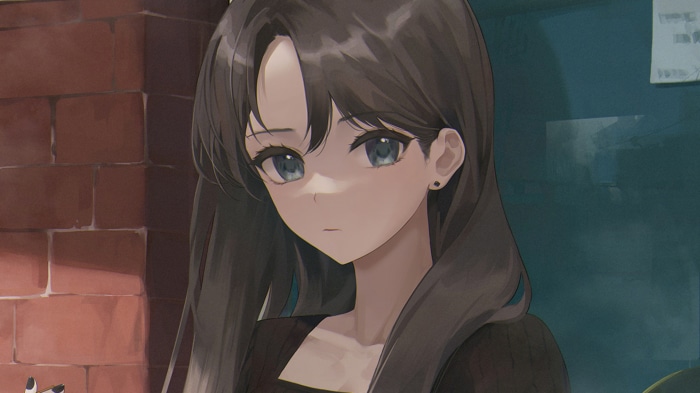 Girl with dark hair and blue eyes
