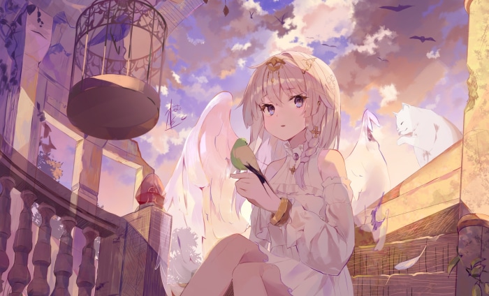 Angel with bird and cat in ruins