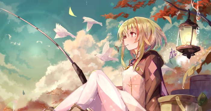 Girl fishing with birds flying in the sky 4K