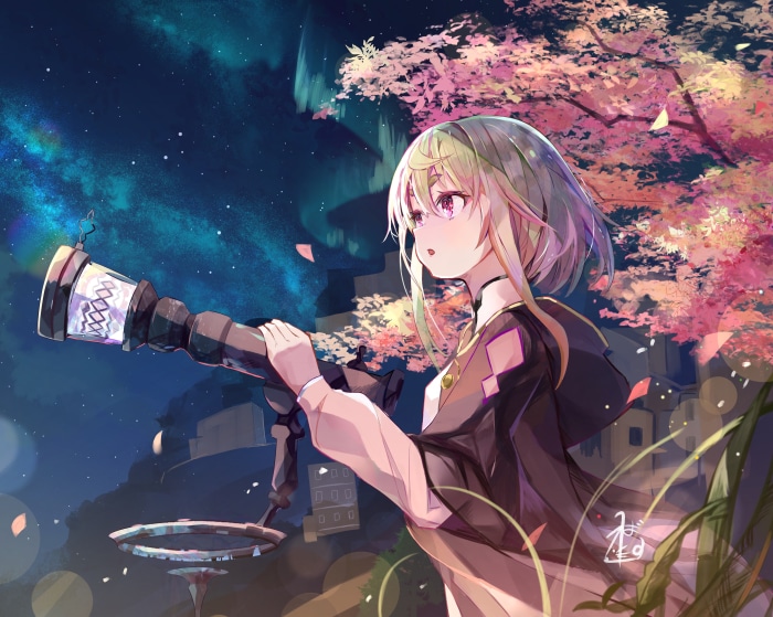 Girl looking through a telescope at the night sky