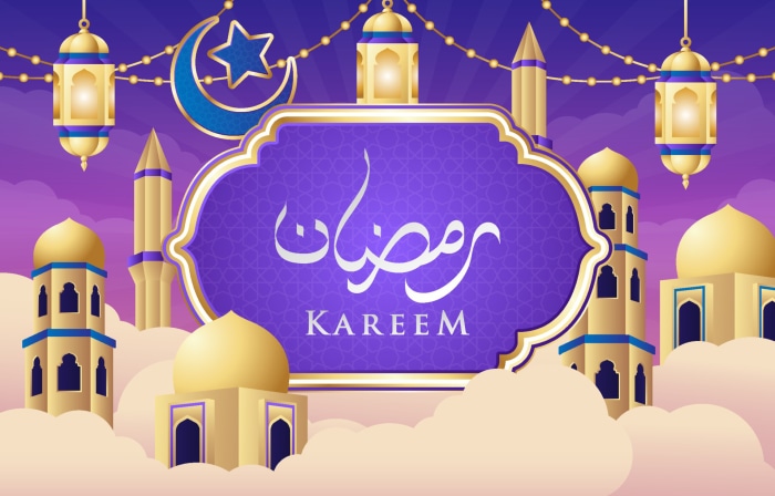 Ramadan Kareem with Islamic Mosques and Lanterns