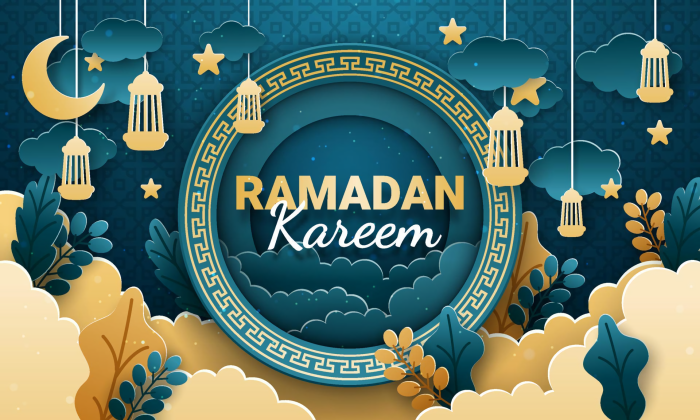 Ramadan Kareem Islamic Greeting with Lanterns and Moon