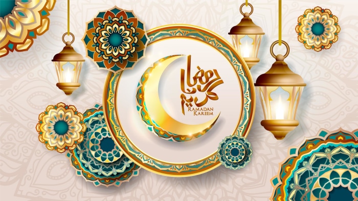 Ramadan Kareem Islamic Design with Crescent Moon and Lanterns