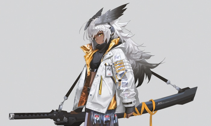 Girl with white hair and bird wings holding a weapon