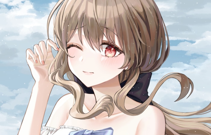 Girl with brown hair winking