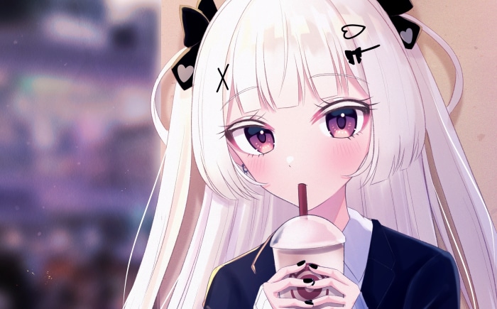 Anime girl with white hair drinking a beverage