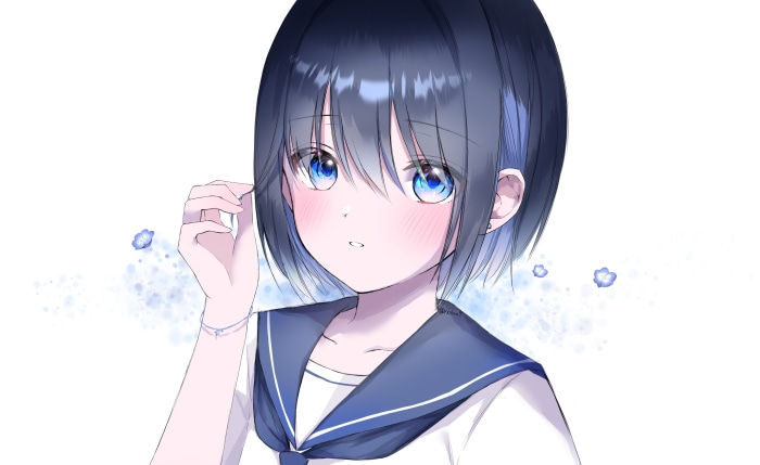 Anime girl with blue eyes and short black hair