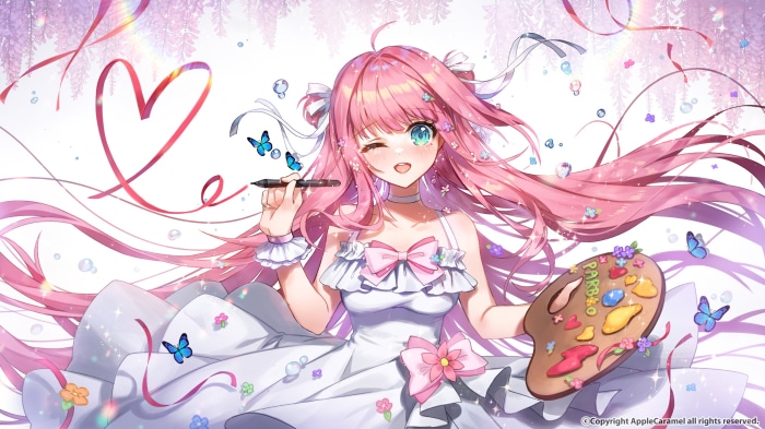 Anime girl with pink hair painting with a palette