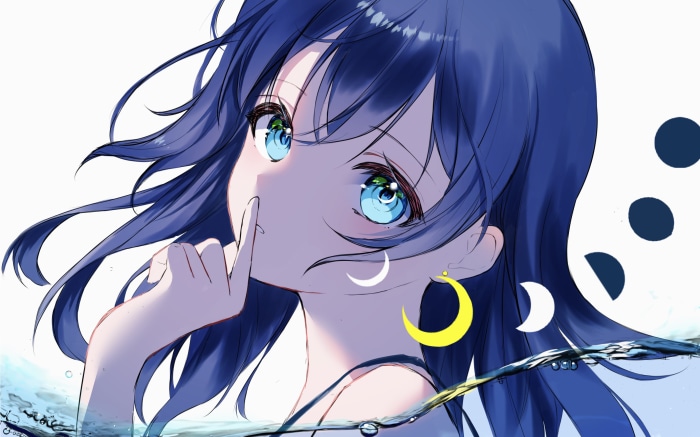 Anime girl with blue hair and moon earrings