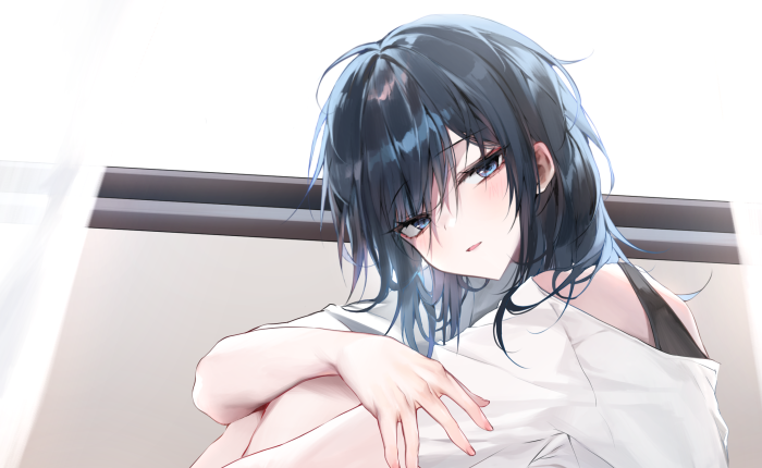 Anime girl with dark hair and blue eyes
