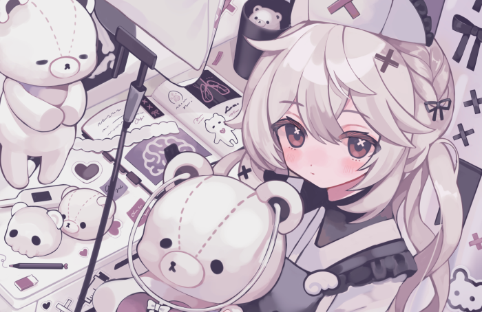 Anime girl with teddy bears and medical items