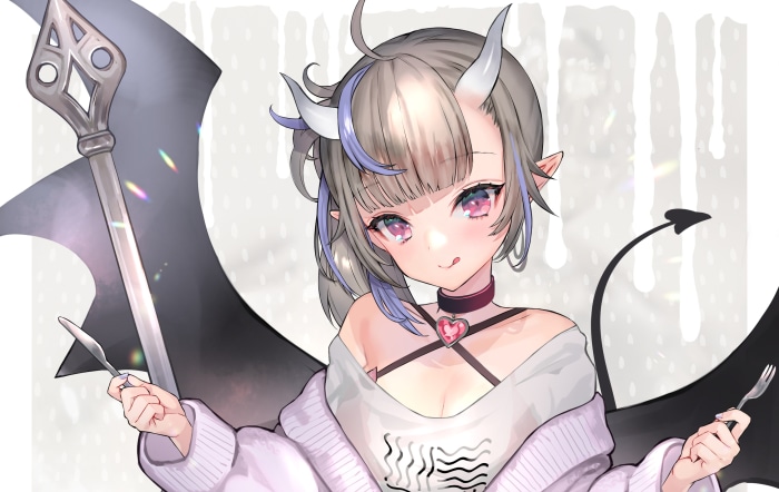 Anime girl with horns and wings holding a fork and knife