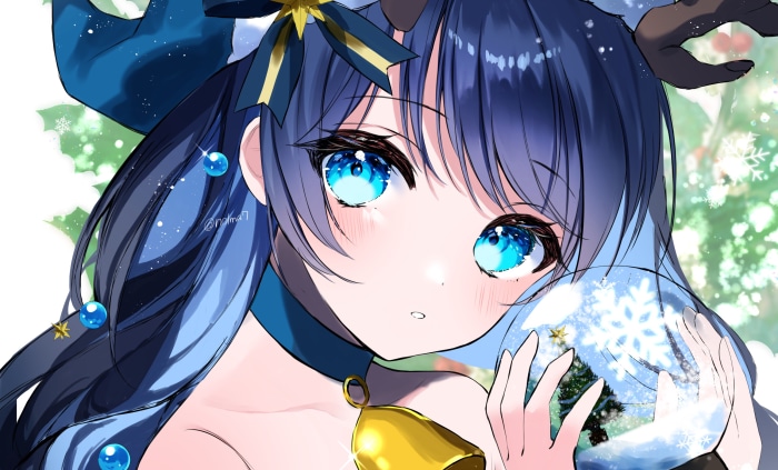 Anime girl with blue hair and reindeer antlers