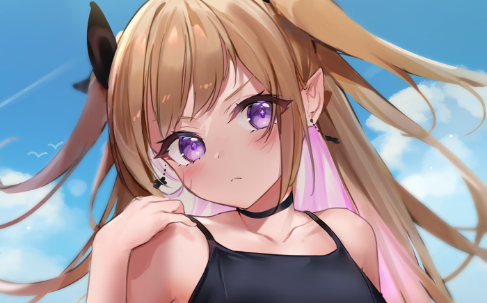 Girl with blonde hair and purple eyes