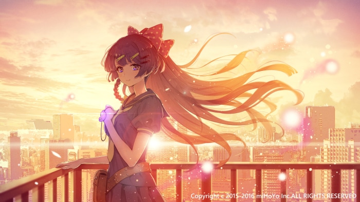 Girl with red bow in hair on balcony at sunset