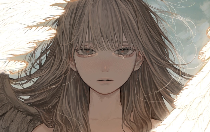 Sad anime girl with wings and feathers