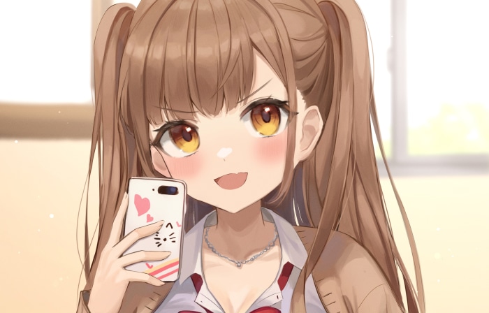 Anime girl with pigtails holding a smartphone
