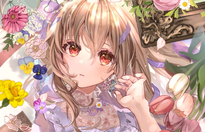 Anime girl with flowers and jewelry