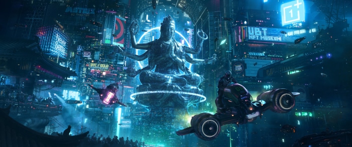 Cyberpunk Cityscape with Shiva Statue and Flying Vehicles