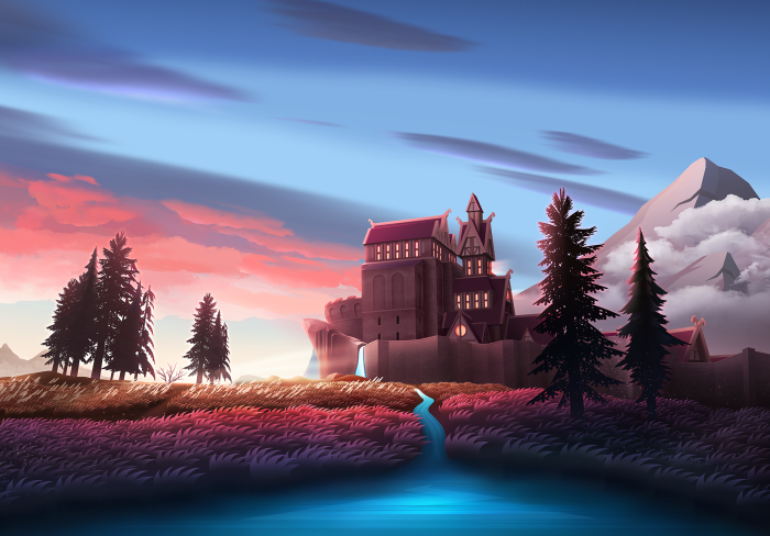 Fantasy castle on a cliff at sunset