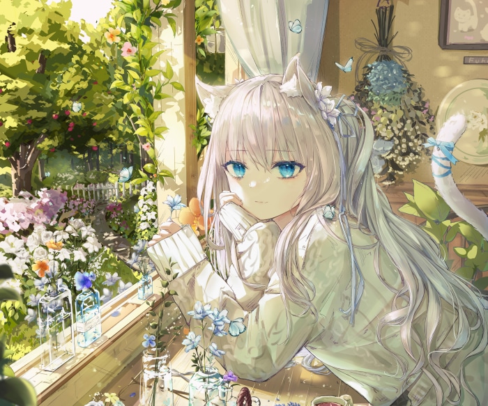 Anime Girl with Cat Ears in a Garden